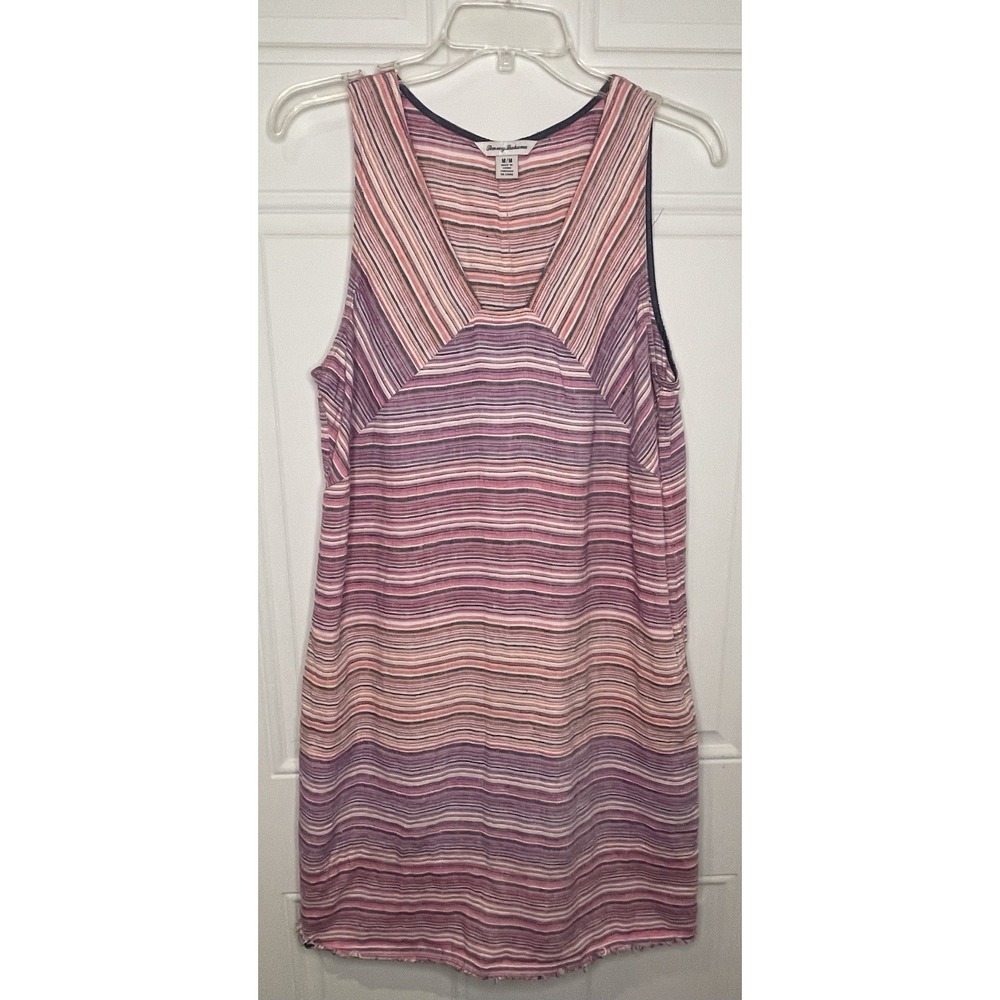 Tommy Bahama Medium Micronesia Stripe 100% Linen Shift Dress Pockets Fringe Hem